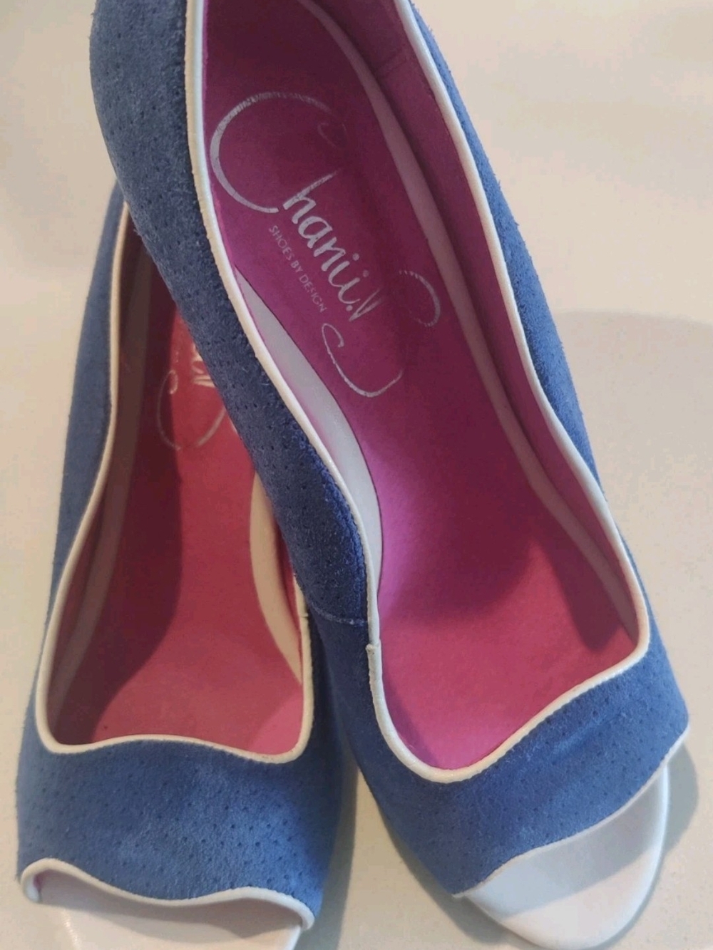 Chanii B Womens 38/7-7.5 Two Tone Blue and Pink Open Toe Suede Leather Heels - Picture 5 of 16
